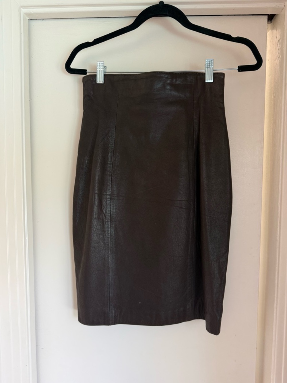 VINTAGE Tannery West Dark Brown Leather Midi Pencil Skirt